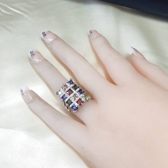 Vintage Sterling Silver & Natural Multi Stone Tourmaline Statement Ring S-8 - Picture 3 of 7